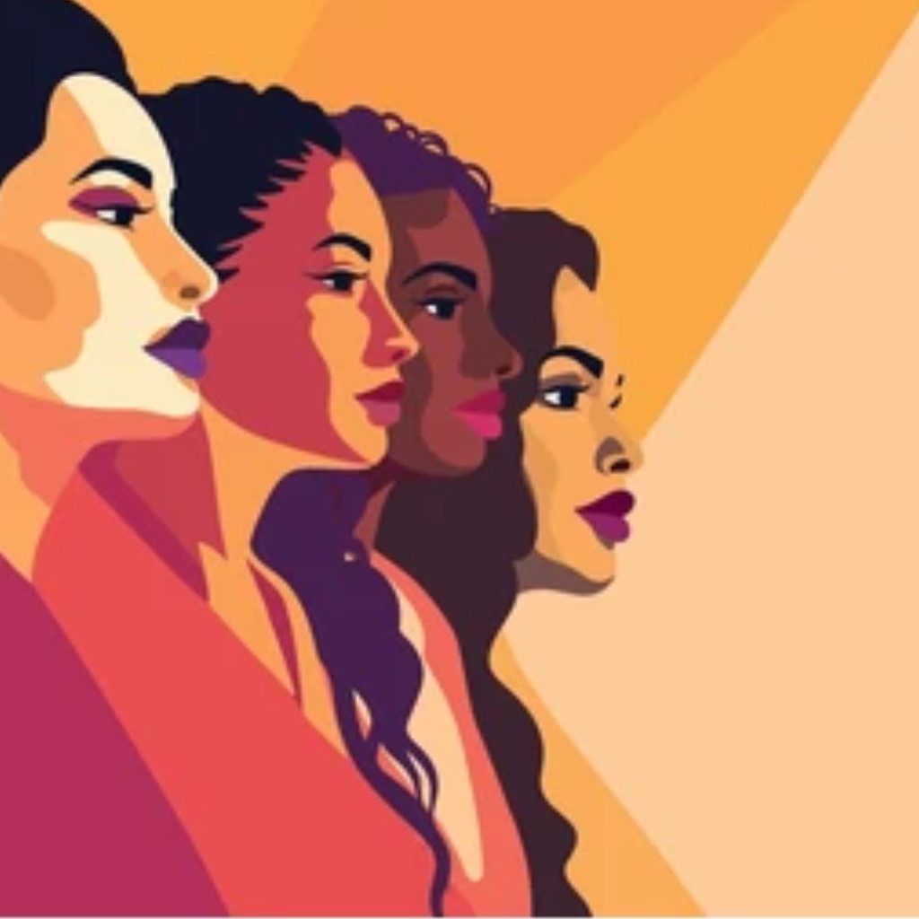 illustration of three women on the left looking to the right side in oranges, black and brown colors