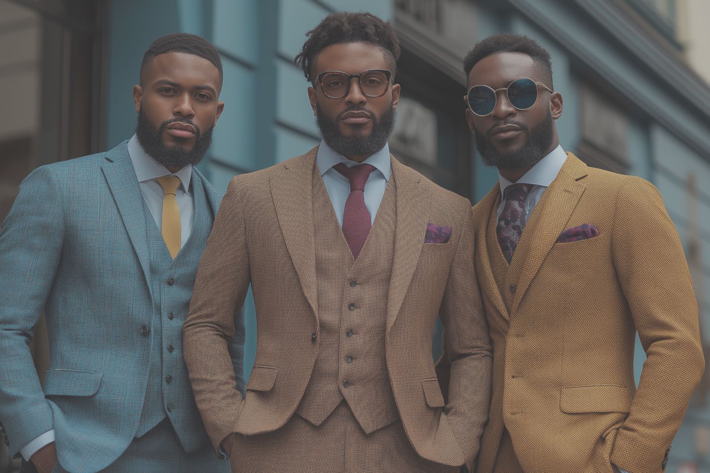 The images of men in suites two in tan, one with burgundy tie wearing glasses, the other with burgundy leopard print wearing sun glasses and one man in light blue suites with yellow tie.