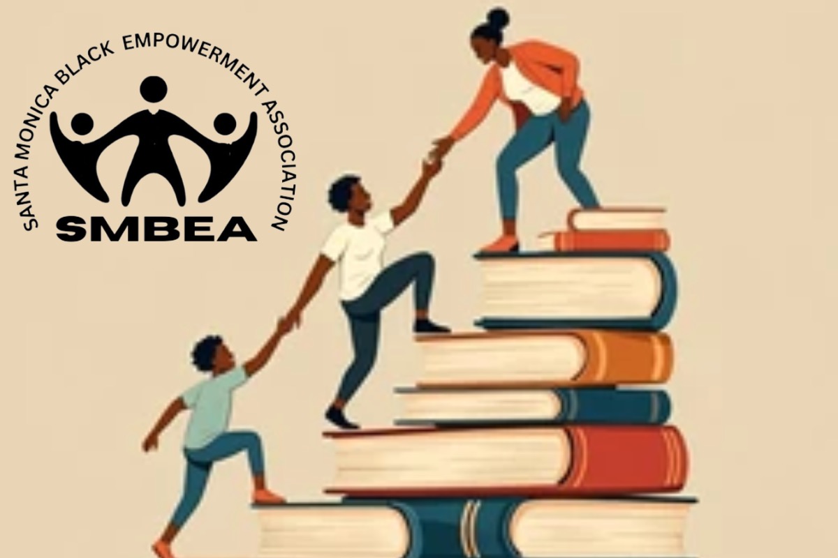 SMBEA logo with illustration of a woman on top of large books reaching out for another woman who is reaching out for a youth boy.