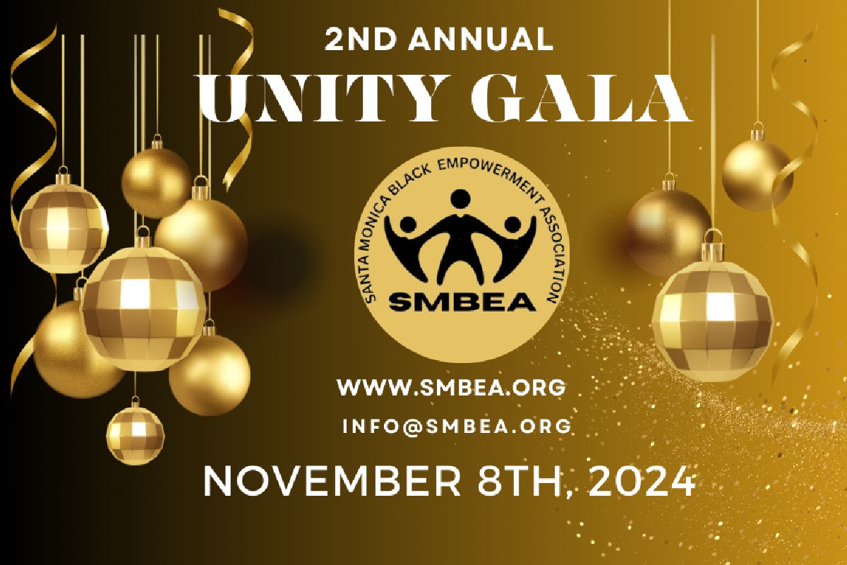 2nd Annual Unity Gala, SMBEA logo in the middle in a gold gradient background with hanging gold and gold disco balls, www.smbea.org, infor@smbea.org, November 8th, 2024.