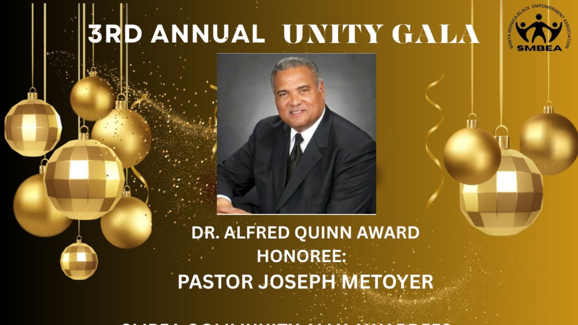 Gold 3rd Annual Unity Gala with head shot of prenter is a black suit and tie.
